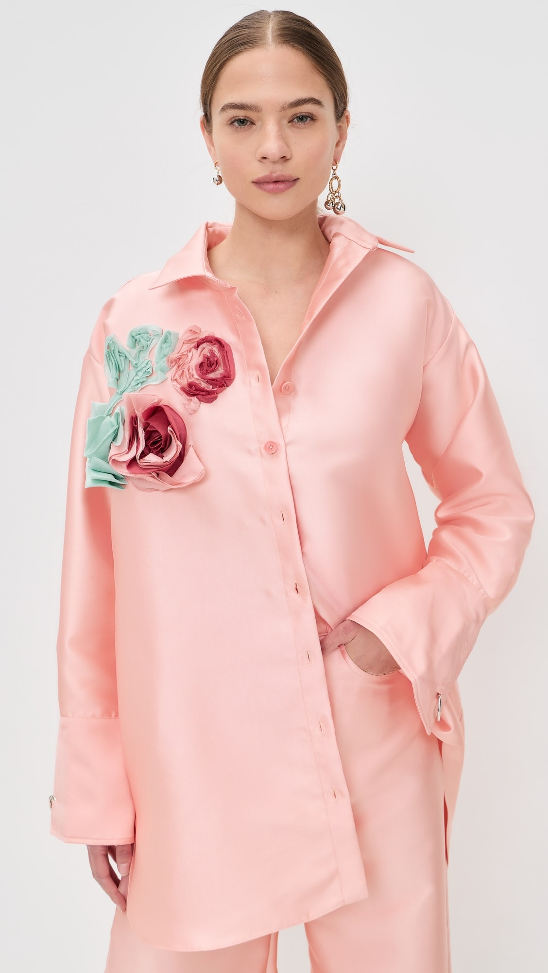 Heavy Satin Flower Embellished Oversized Shirt | Shopbop