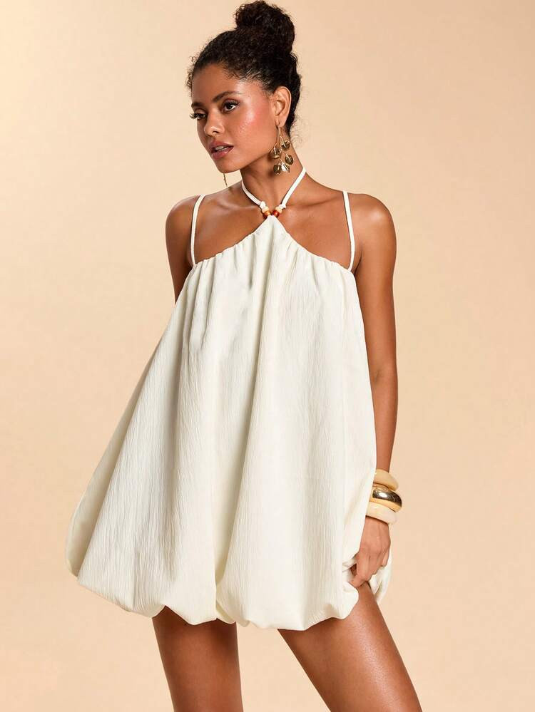 Travachic Vacation Casual Beaded Spaghetti Strap Ruffle Mini Dress Flowy Short Dress Loose Summer Dress Short Vacation Dress, Spring Summer Vacation Outfits, Elegant Dresses For Party,Summer Dress,Beach Dress, Beach Outfits For Women,Vacation Outfits Women,Casual Dresses For Women,White Dress | SHEIN