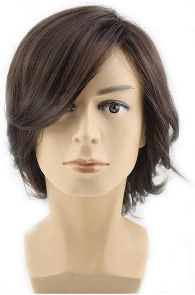 BERON Men's Brown Short Wig Medium Style Wavy Bouncy Side Swept Fringe Bang Hairstyle Wig Heat Re... | Amazon (US)