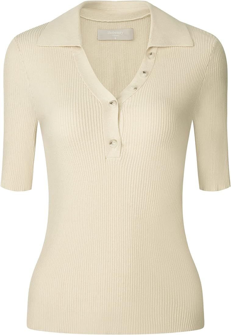Hobemty Women's Polo Sweater V Neck Short Sleeve Ribbed Knit Pullover Shirt Top | Amazon (US)