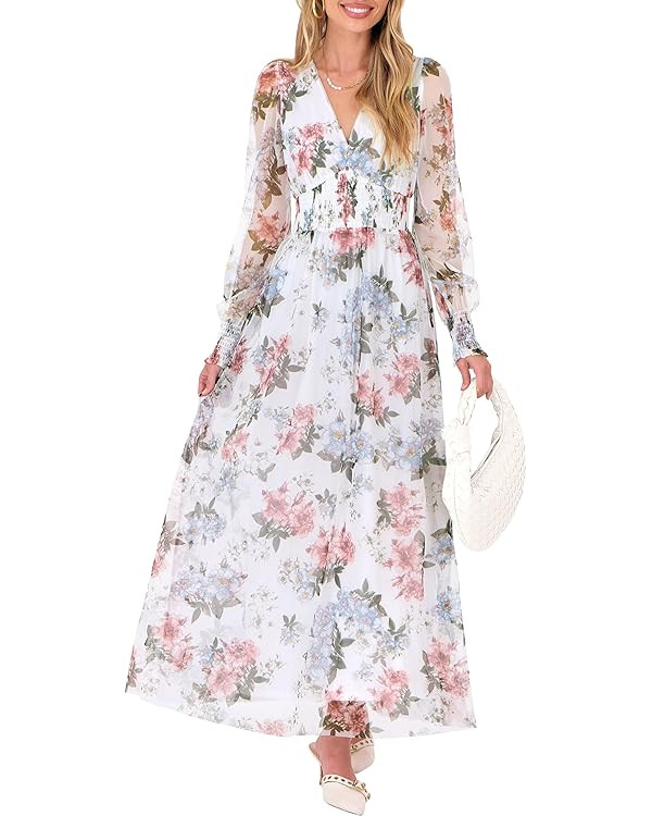 ANRABESS Women's Floral Maxi Dress 2025 Fall V Neck Puff Long Sleeve Flowy Casual Wedding Guest T... | Amazon (US)