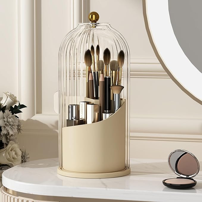 Makeup Brush Holder Organizer with Lid,360 Rotating Clear Dustproof Makeup Brushes Organizer for ... | Amazon (US)
