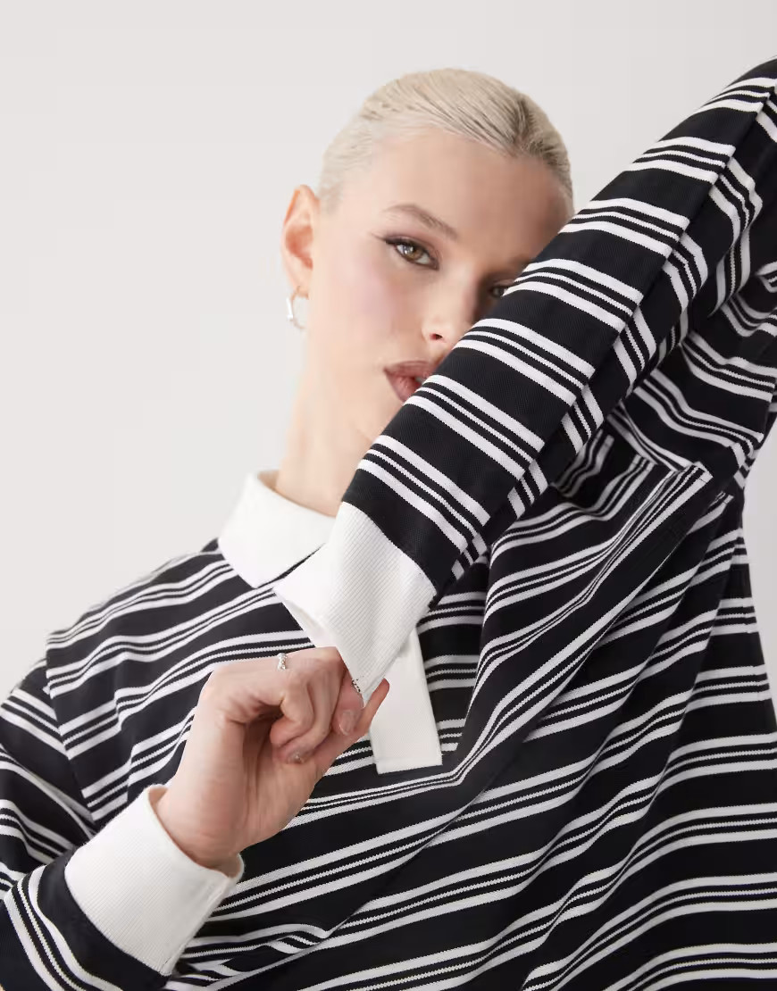 Monki stripe rugby long sleeve stop in black and white | ASOS (Global)