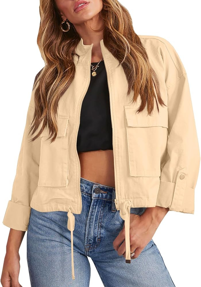 Tankaneo Women Casual Cropped Jackets Zip Up Lightweight Military Safari Short Utility Coat with ... | Amazon (US)