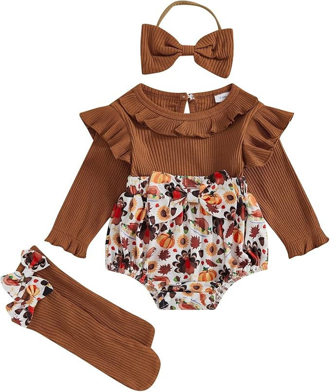 Infant Baby Girl Halloween Outfit Ruffle Sleeve Ghost Pumpkin Print Romper Onesie and Socks Cute ... | Amazon (US)