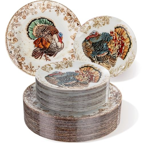 Nervure 60PCS Thanksgiving Plastic Plates - Vintage Turkey Dinnerware Set Includes 30PCS 10.25" Dinner Plate & 30PCS 7.5" Dessert Plate, Heavy duty & Reusable Plates, Perfect for Thanksgiving Party | Amazon (US)