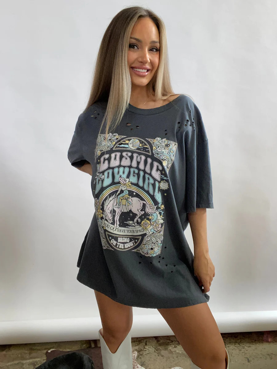 Cosmic Cowgirl Distressed Graphic Tee- Slate | Willow Boutique