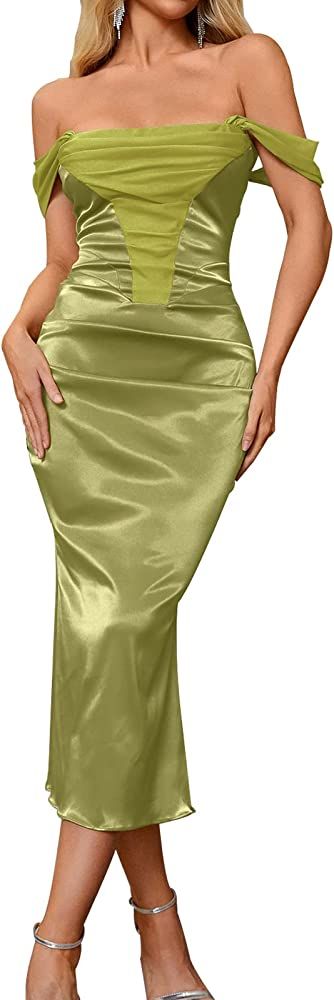 Courecrop Satin Off Shoulder Bodycon Midi Dress Patchwork Ruched Elegant Dresses for Women Evenin... | Amazon (US)