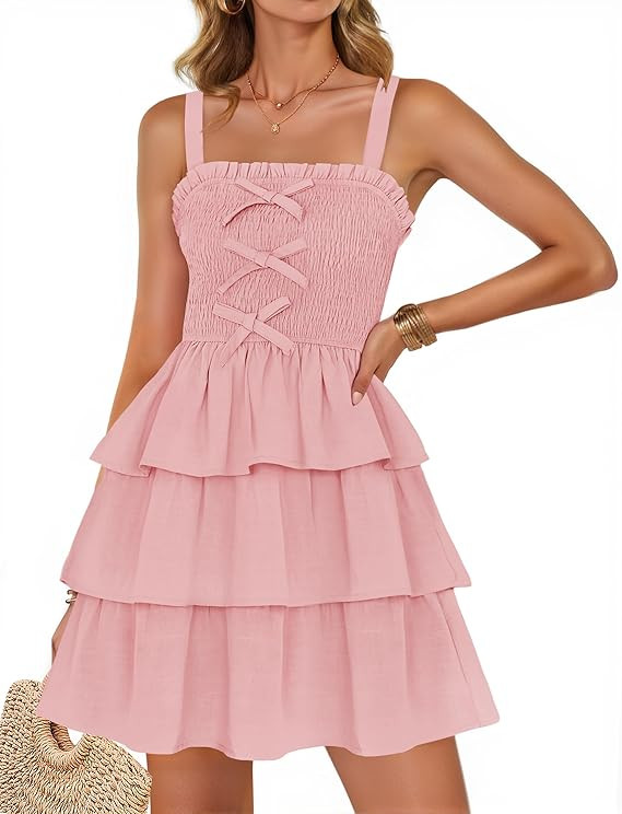 ZESICA Women's Summer Sleeveless Smocked Mini Dress 2025 Square Neck Ruffle Tiered Layered A Line... | Amazon (US)