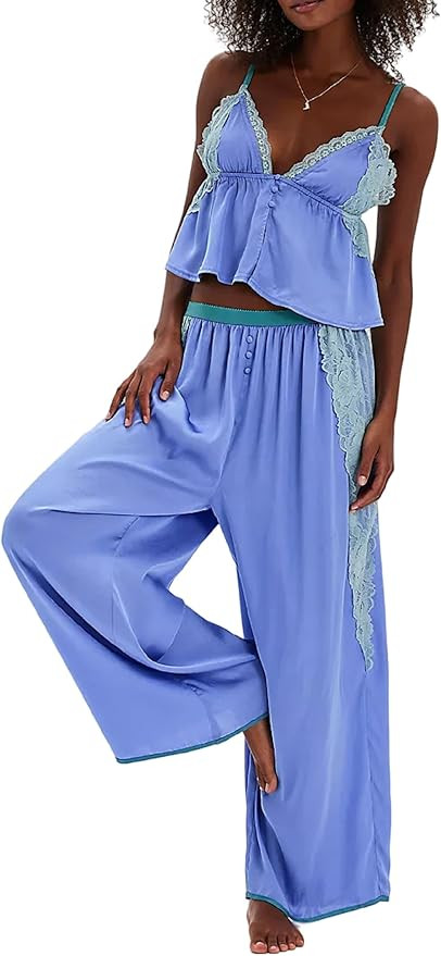 Aonoapll Women Satin Silk Pajama Set Lace Ruffle Cami Top and Pants Lounge Set 2 Piece Silky Pjs ... | Amazon (US)