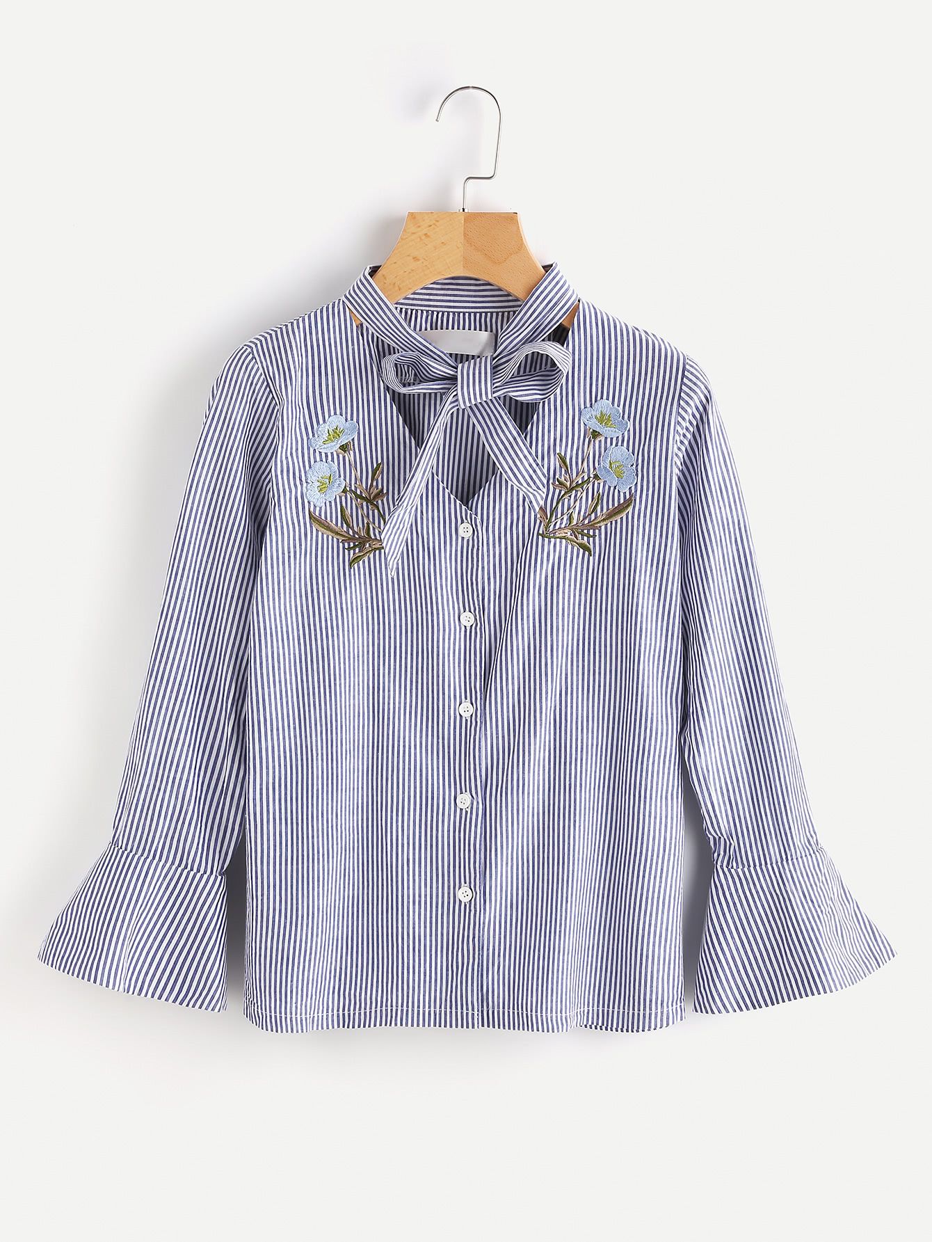 Bow Tie Choker Neck Bell Cuff Embroidered Blouse | SHEIN