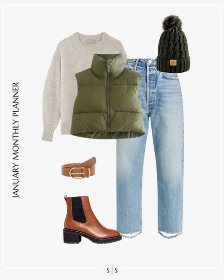 Monthly outfit planner: JANUARY: Winter looks | crop straight leg denim, puffer cropped vest, crewneck sweater, lug boot, beanie, belt

casual outfit, weekend wear 

See the entire calendar on thesarahstories.com ✨ 

#LTKstyletip