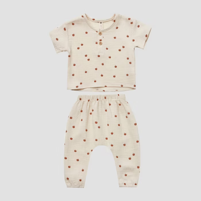 Q by Quincy Mae Baby 2pc Apples Gauze Short Sleeve Top & Bottom Set - Off-White | Target