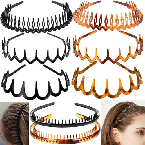 ULTIMUTE 8 PCS Fashion Effortless Plastic Headbands with Teeth Comb Black Skinny Headbands No Slip Hair Accessories Bands for Women Men Teen Girls, Leopard&Bright Black | Amazon (US)