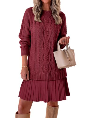 Saodimallsu Womens Cable Knit Sweater Dress Patchwork Pleated Long Sleeve Crewneck Fall Chunky Pr... | Amazon (US)