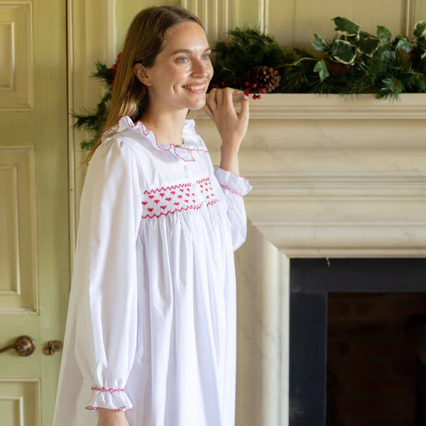 Nightingale Women's Dress Moonstone with Red Hearts Hand Smocking | Smock London Ltd