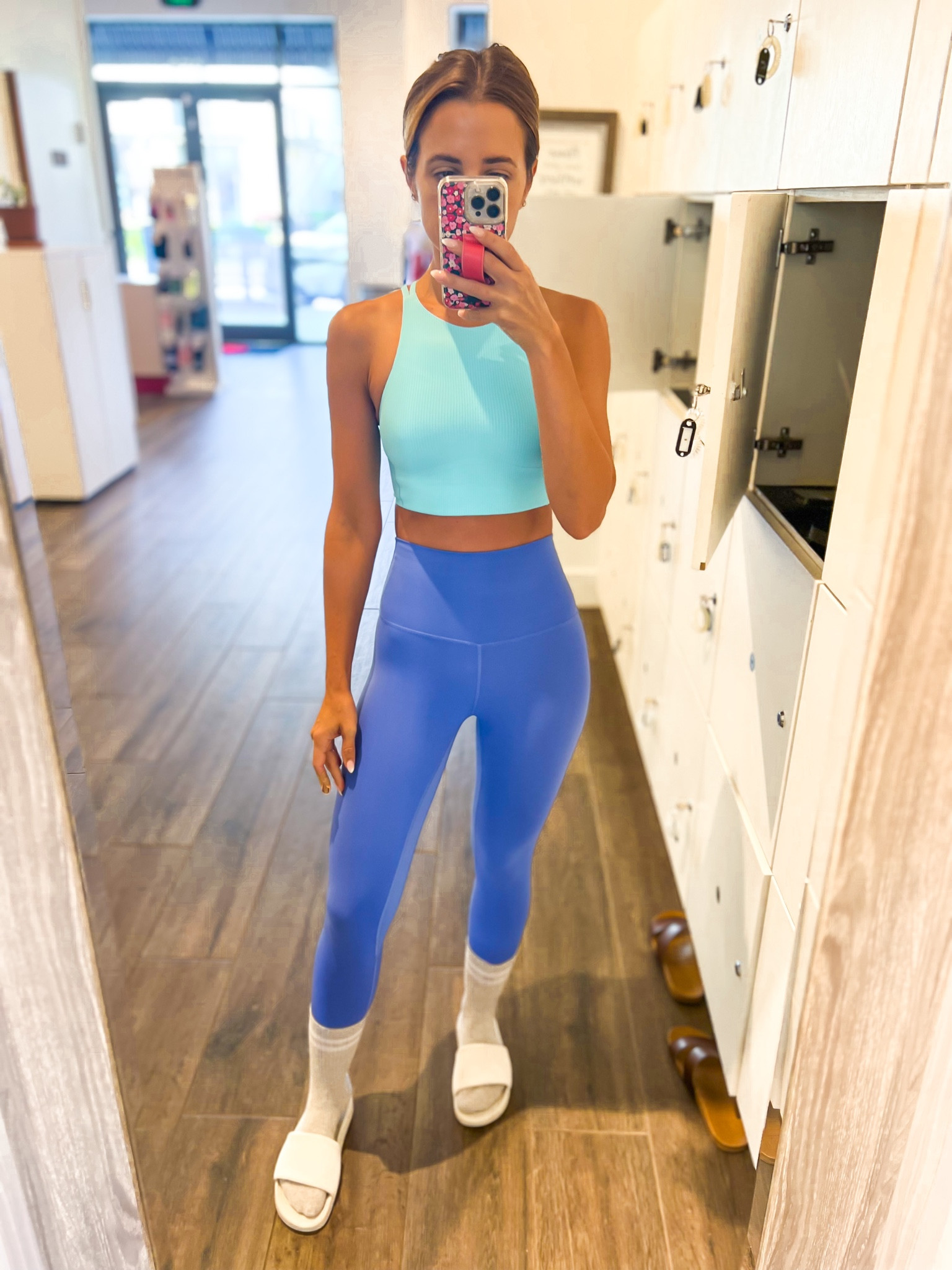 Lululemon high neck like a cloud sports bra (sz 4, cyan blue). Lululemon align leggings 23” (sz 0, wild indigo). Barre outfit. Yoga outfit. Workout outfit. Lululemon slides (size up if you are a half size).

#LTKFitness #LTKunder100 #LTKshoecrush