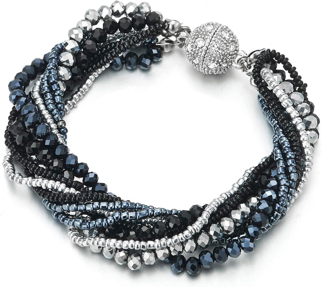 COOLSTEELANDBEYOND Crystal Beads Multi-Strand Bracelet with Rhinestone Ball Charm Magnetic Clasp | Amazon (US)