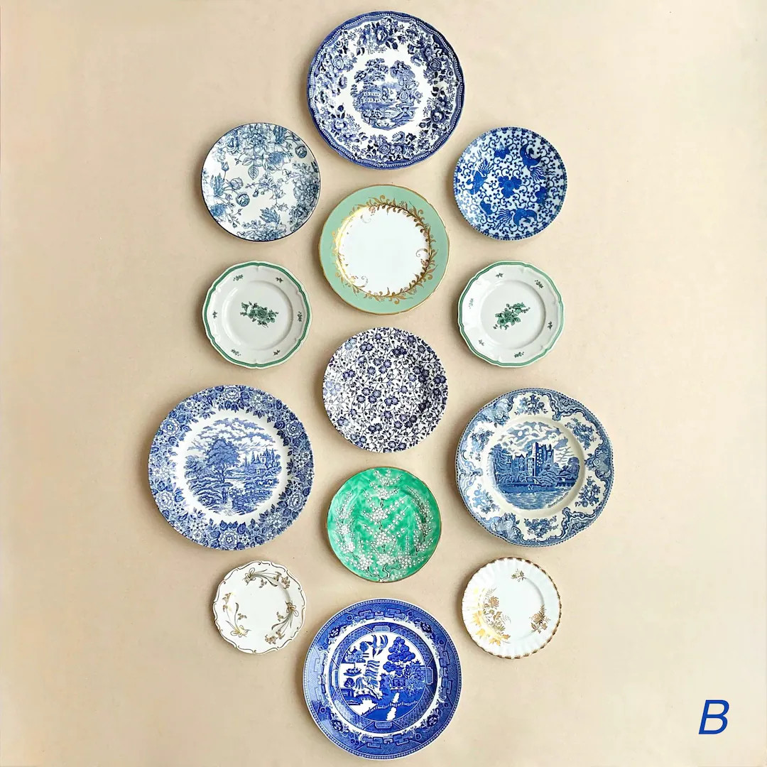 Vintage Emerald Green & Blue Transferware Plate Collection: Mismatched Wall Display | Etsy (US)