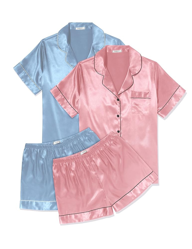 Ekouaer 2 Pack Pajama Sets for Women Silk Satin Pj Short Sleeve Button Down Sleepwear Top and Sho... | Amazon (US)