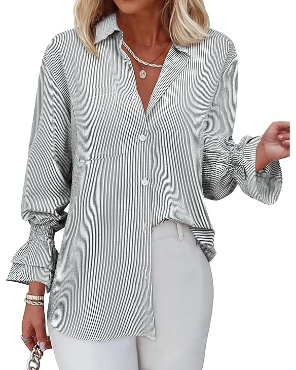Women's Striped Button Down Shirt Smocked Cuffed Boyfriend Blouse Ruffle Sleeve Casual Tunic Tops... | Amazon (US)