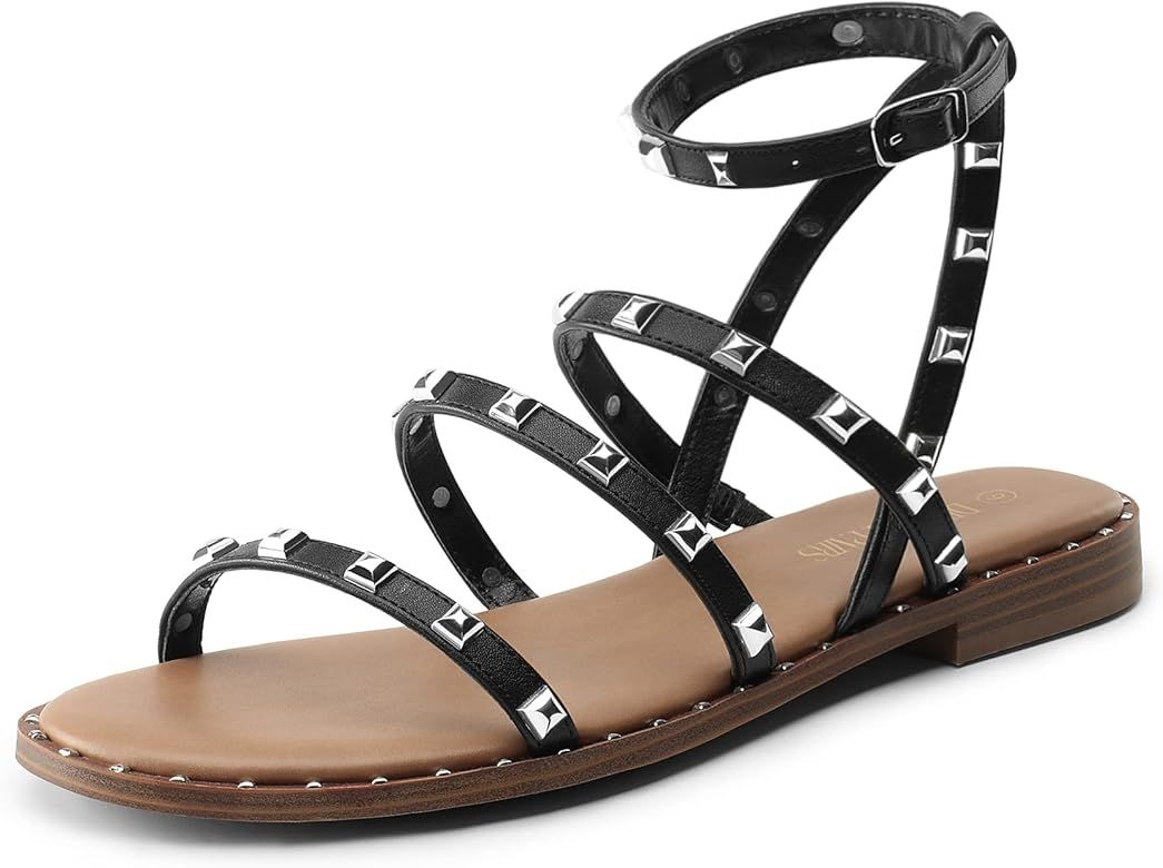 DREAM PAIRS Women's Clear Studded Pearl Gladiator Strappy Flat Sandals | Amazon (US)