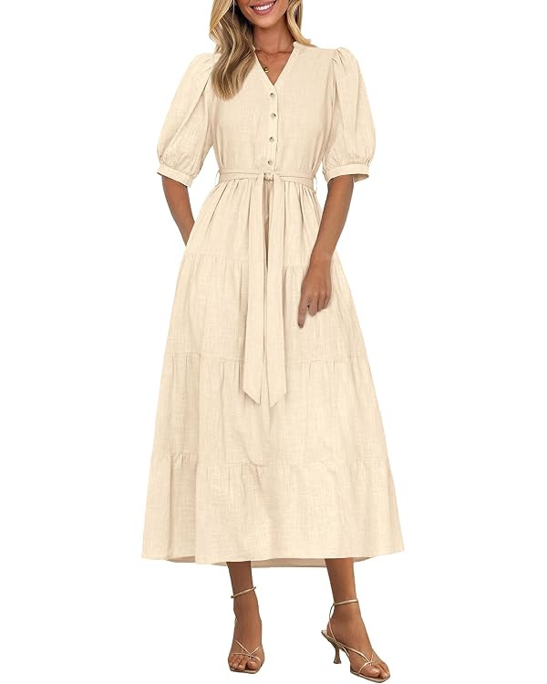 PRETTYGARDEN Women's Summer Midi Dress 2025 Casual Short Sleeve V Neck Buttons Belted Ruffle A Li... | Amazon (US)