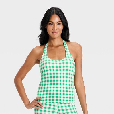 Women's Everyday Soft Halter Neck Support Tank Top - All in Motion™ Forest Green Gingham XL | Target