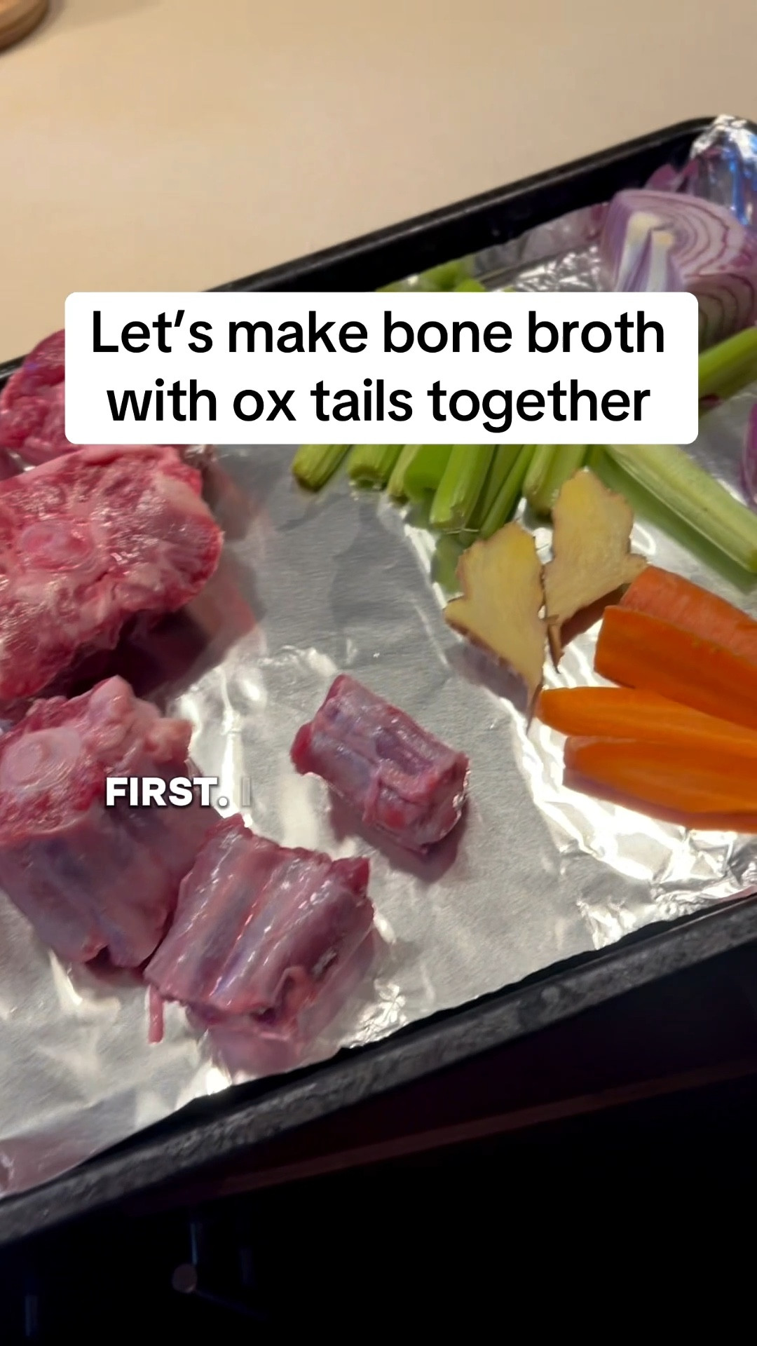 How to make homemade bone broth 🥣

• 2.5–3 lbs oxtails
• 1 whole onion
• 4–5 cloves garlic
• 3–4 carrots
• A small piece of ginger

Broil everything for at least 15 minutes, rotating the oxtails so they brown evenly. This helps reduce foam and gunk while boiling.
Transfer to a pot, cover with plenty of water, and add sea salt to taste. Bring to a boil, then simmer. You may need to add more water during the cooking process. The material of producing collagen for your health, bones, and skin.

#LTKselfcare #LTKmomlife
