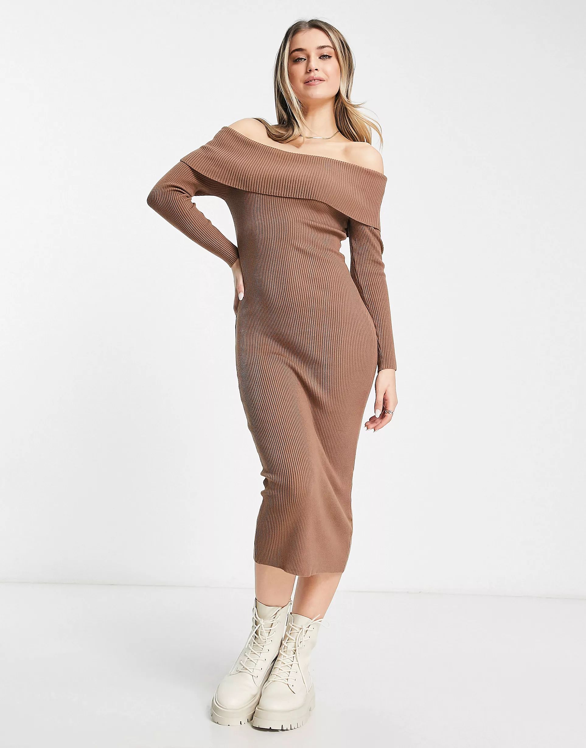 New Look knitted bardot midi dress in tan | ASOS (Global)