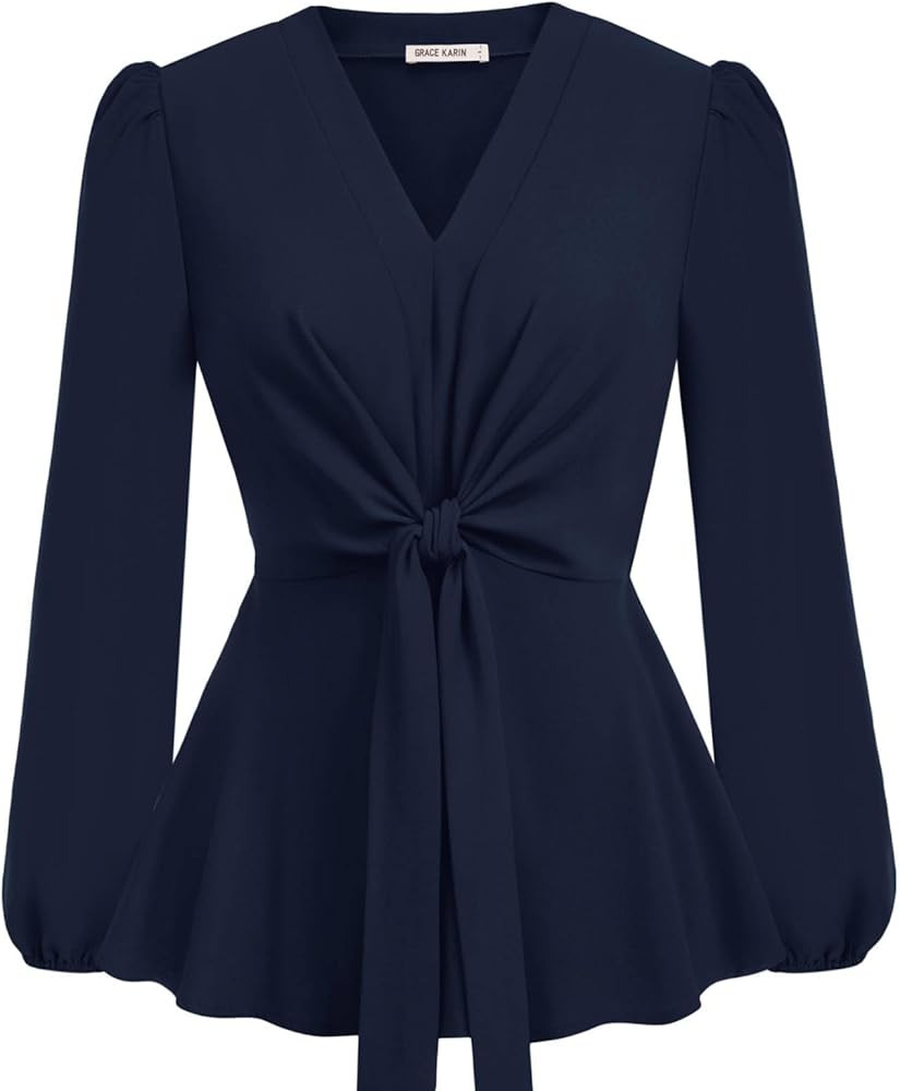 GRACE KARIN 2024 Women's Elegant Peplum Tops V Neck Tie Front Long Sleeve Shirts Tops Blouse | Amazon (US)