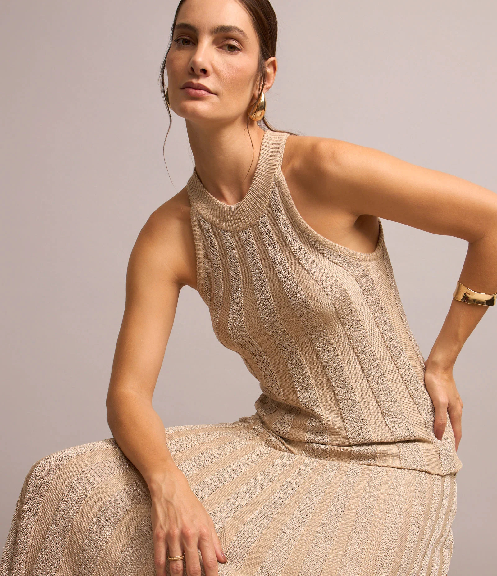 Saia Midi em Tricô Canelado com Fio Metalizado Bege - Lojas Renner | Renner (BR)