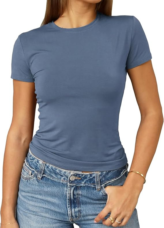 Abardsion Women's Casual Basic Going Out Crop Tops Slim Fit Short Sleeve Crew Neck Tight T Shirts... | Amazon (US)