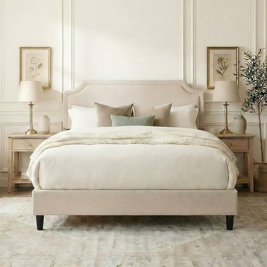 SHA CERLIN Queen Bed Frame Chenille Upholstered Platform Bed with Notched Adjustable Headboard, W... | Amazon (US)