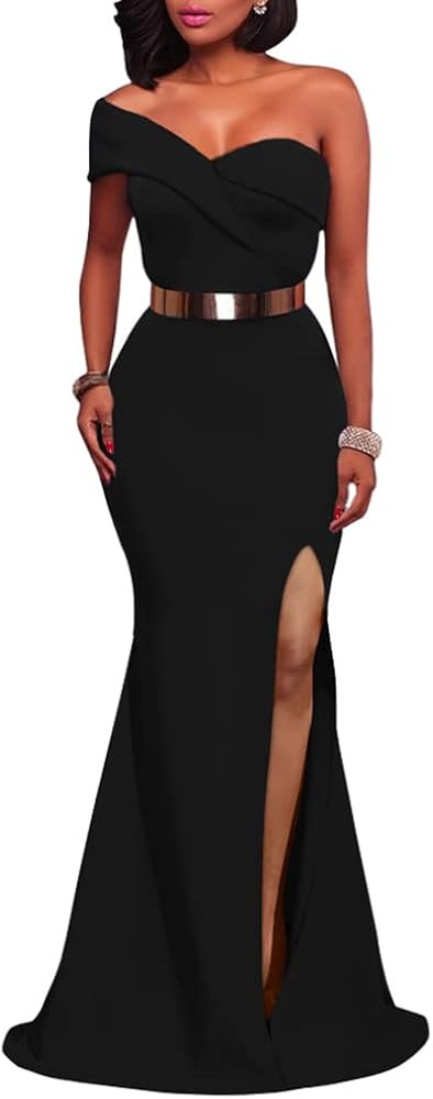 LAGSHIAN Women's Sexy Elegant Off Shoulder High Split Formal Bodycon Long Party Dress | Amazon (US)