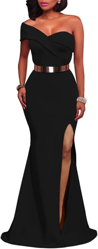 LAGSHIAN Women's Sexy Elegant Off Shoulder High Split Formal Bodycon Long Party Dress | Amazon (US)