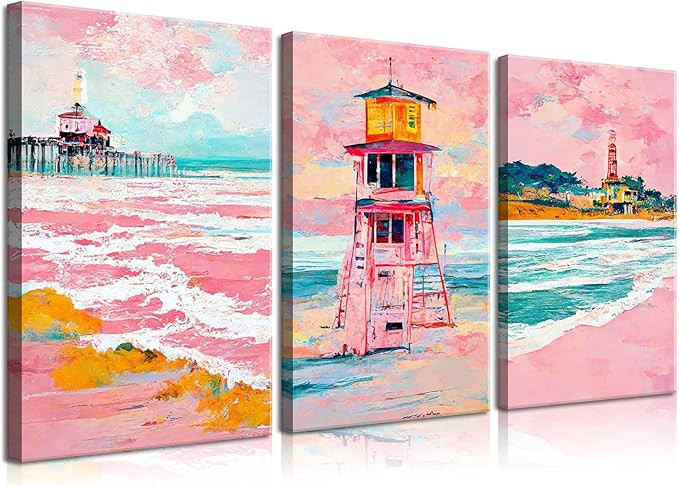 SUAXTCCR 3Pcs Pink Beach Boho Canvas Wall Art Preppy Coastal Wall Decor Pictures Pastel Surf Prin... | Amazon (US)