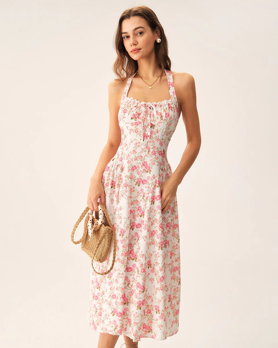 Pink Floral Halter Midi Dress | rihoas.com