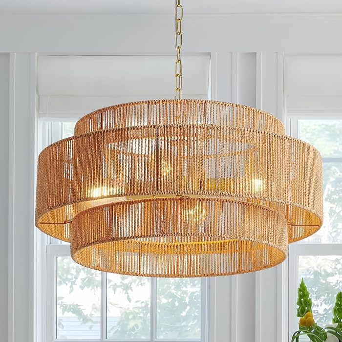 3-Tier Large Farmhouse Rattan Chandeliers, 22.8in Wicker Hanging Pendant Lights, Woven Boho Chand... | Amazon (US)