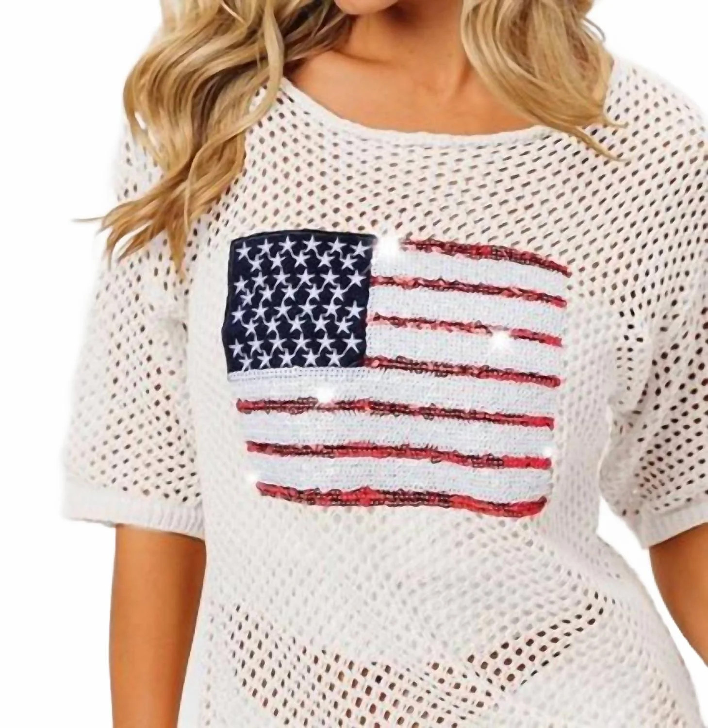 Sequin American Flag Knit Cover Up Tee In White | Shop Simon