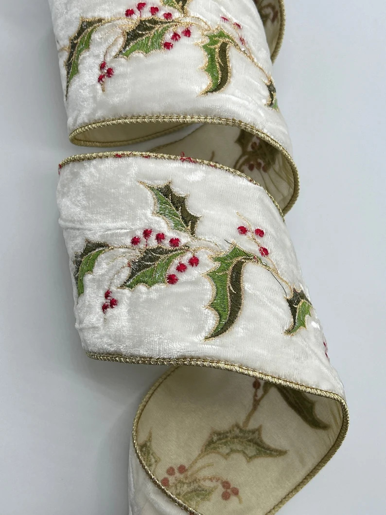 4 Ivory Velvet Ribbon Embroidered Holly Sheer Gold - Etsy | Etsy (US)
