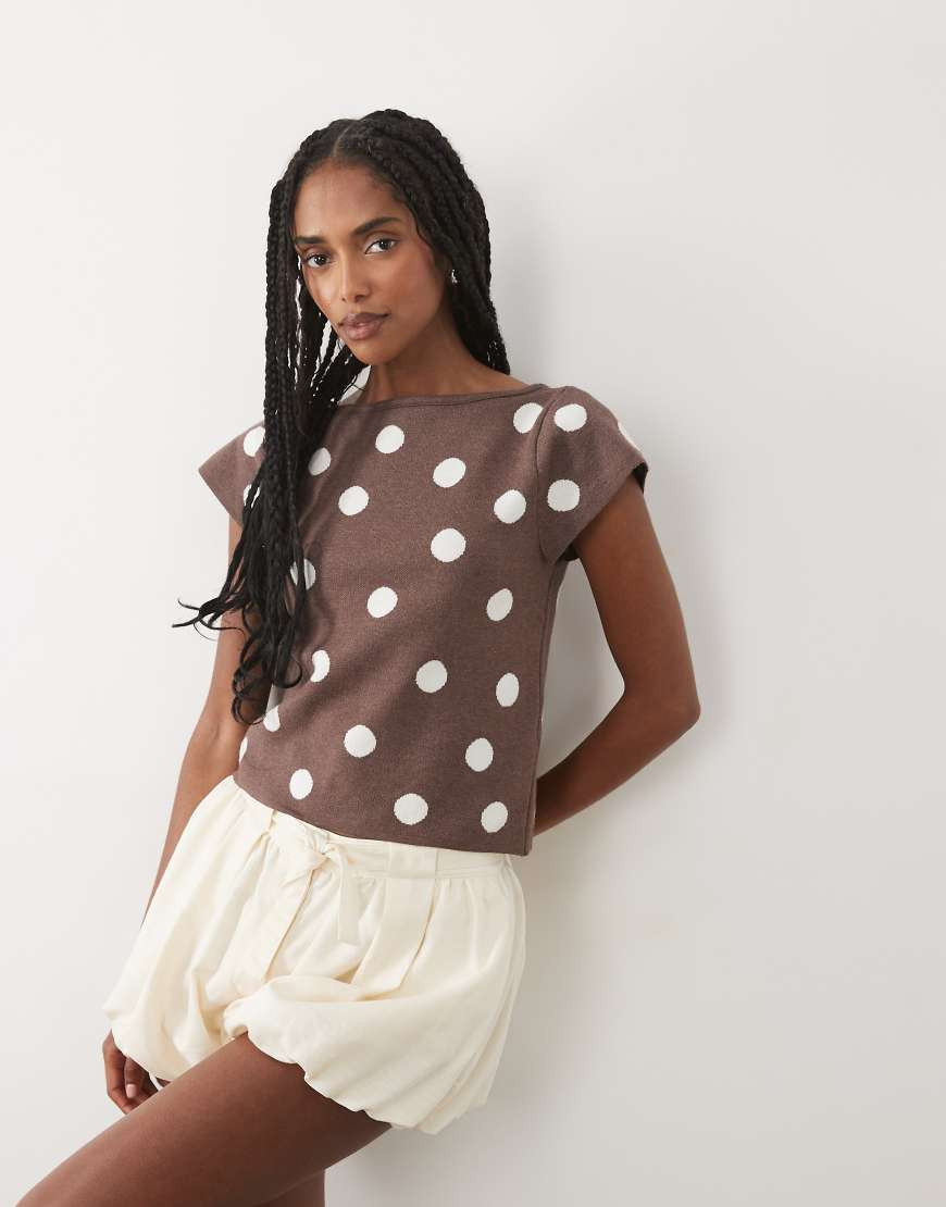 ASOS DESIGN fine knit slash neck top in brown polka dots-pink | ASOS (Global)