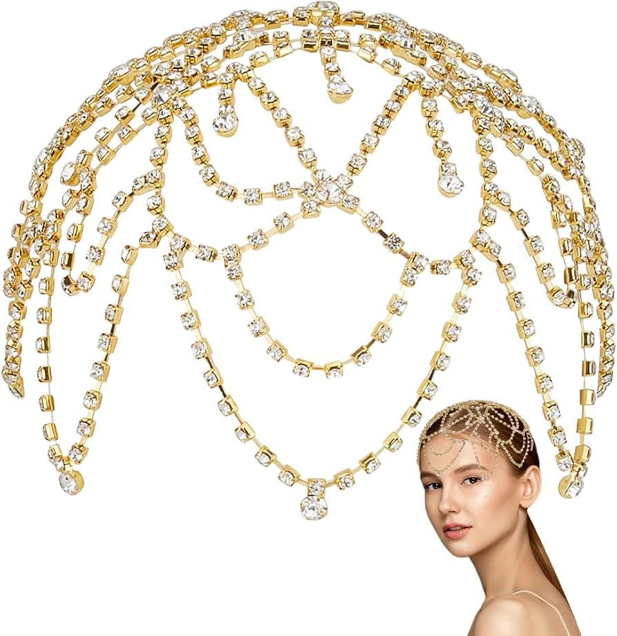 GORGECRAFT 1920s Crystal Cap Headpiece Flower Rhinestone Head Chain Golden Roaring 20s Great Gats... | Amazon (US)