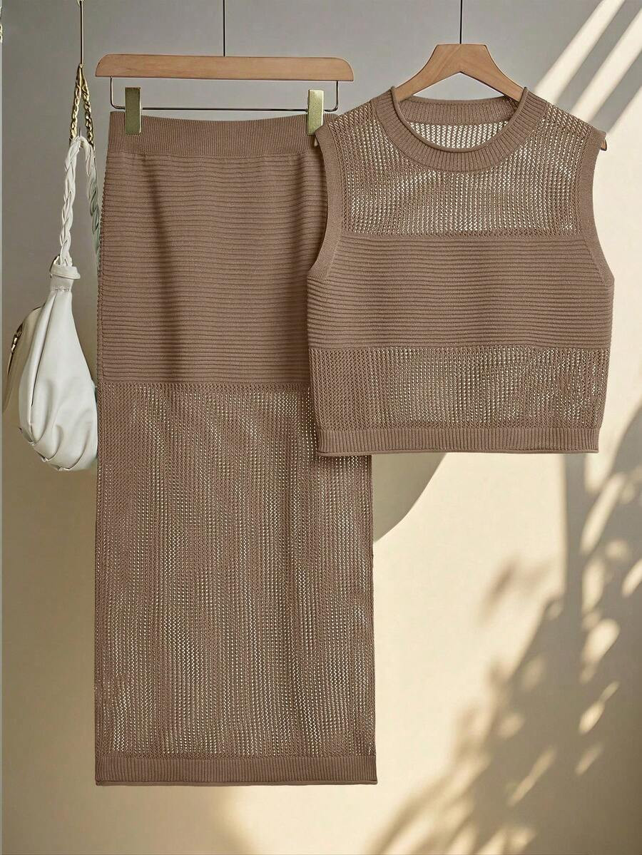Zovinel Camel Plain Rib-Knit Semi-Sheer Round Neck Crop Sweater And Skirt For Women Casual Wear | SHEIN