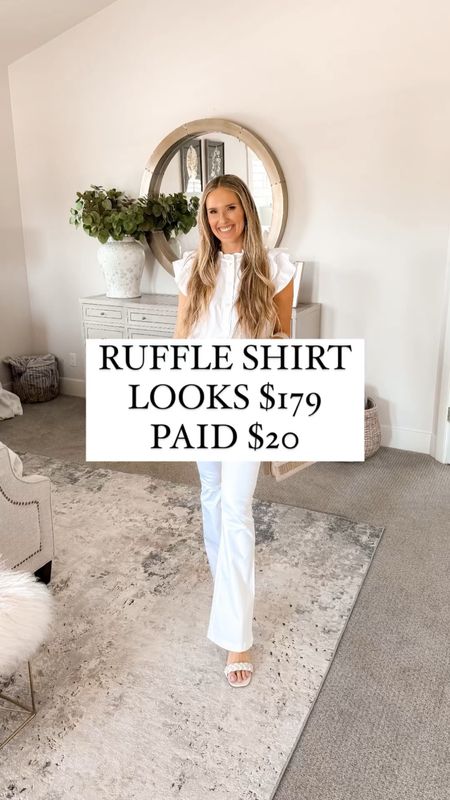 $20 instead of $179 that this shirt reminds me of! I love a shirt that's more elevated than your basic t-shirt, but requires zero extra effort! Pair it with skirts, pants, jeans, or shorts.

This shirt runs true to size; for reference, I am 5'8" and wearing a small!

You do NOT need to spend a lot of money to look and feel INCREDIBLE! I’m here to help the budget conscious get the luxury lifestyle.

Summer Fashion / Summer Outfit / White Button-up Shirt / Walmart Fashion / Affordable / Budget / Workwear / Date Night / Dress Up or Down / Ruffle / Bridal Shower / Wedding / Country Concert

#LTKSeasonal #LTKfindsunder50 #LTKparties
