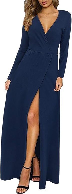 Women's Long Sleeve Deep V-Neck Maxi Split Fall and Winter Dress | Amazon (US)