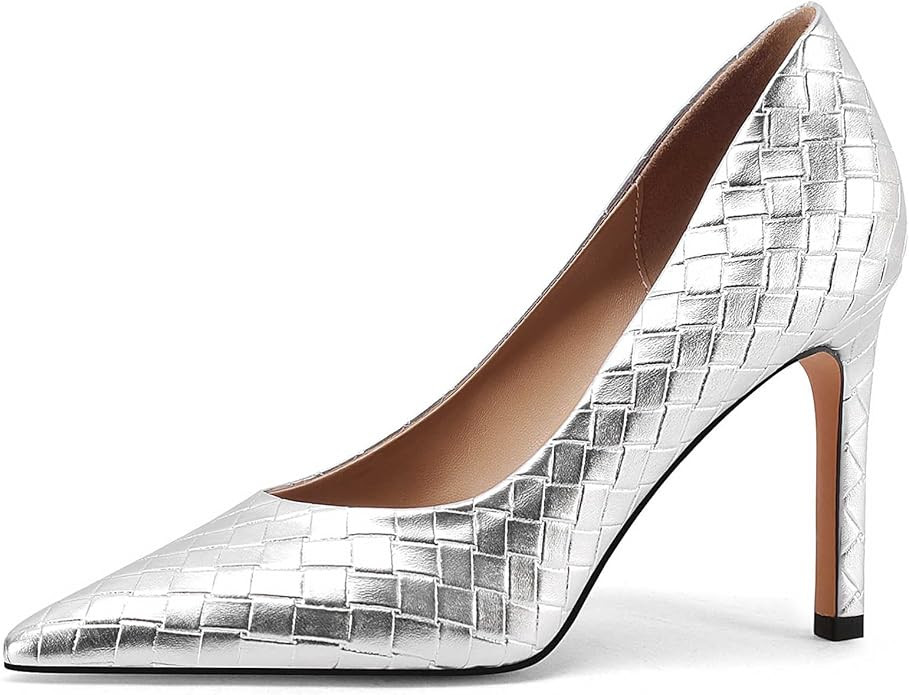 Women's Pointed Toe High Heels – Slip-On Stiletto Pumps with Embossed Woven Texture, Elegant Dr... | Amazon (US)