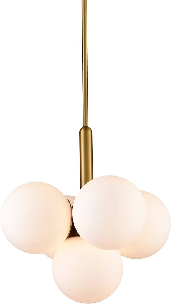 CLAXY Modern Pendant Lights 5-Light Hanging Chandelier for Dining Room Gold Finish with Milky Glo... | Amazon (US)