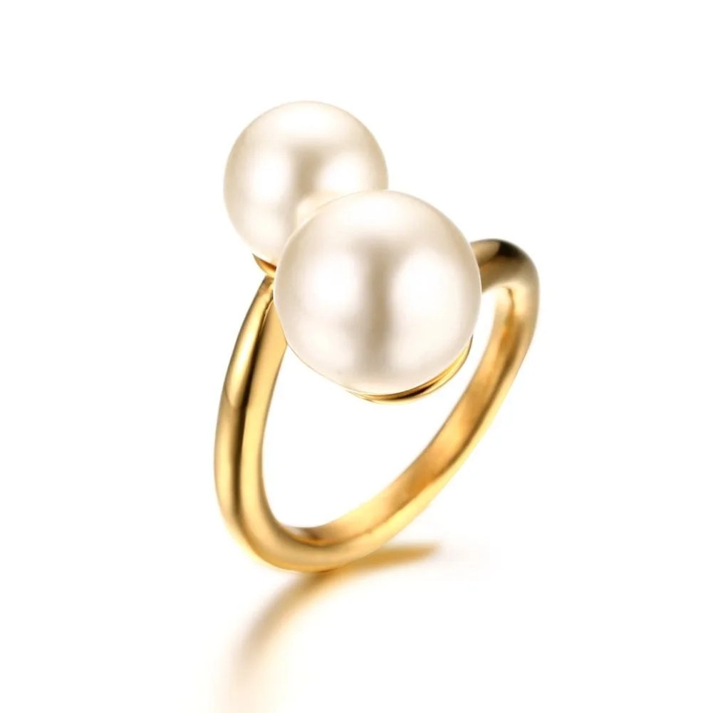 Double Simulated Pearl Wrap Ring: Gold Plated Stainless Steel Large Statement Ring for Women | Walmart (US)