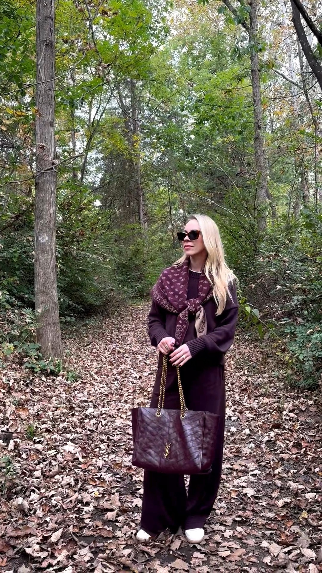 Fall travel look, fall mountain getaway, @Guest In Residence bandana scarf, burgundy joggers, casual fall outfits over 40